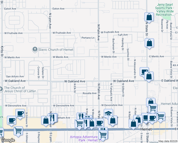 map of restaurants, bars, coffee shops, grocery stores, and more near 571 North Palm Avenue in Hemet