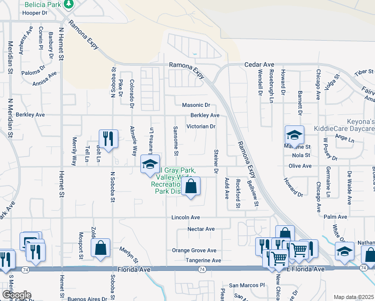 map of restaurants, bars, coffee shops, grocery stores, and more near 42826 Woodside Court in Hemet
