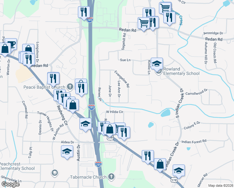 map of restaurants, bars, coffee shops, grocery stores, and more near 1288 June Drive in Decatur