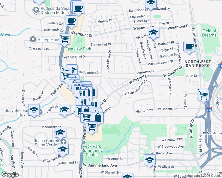 map of restaurants, bars, coffee shops, grocery stores, and more near 1410 Brett Place in Los Angeles