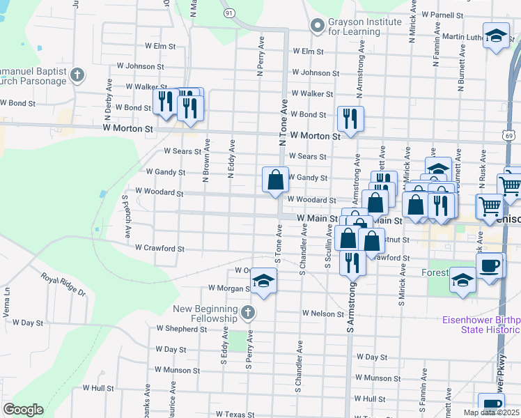 map of restaurants, bars, coffee shops, grocery stores, and more near 1127 West Main Street in Denison