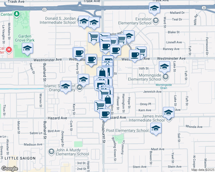 map of restaurants, bars, coffee shops, grocery stores, and more near 14212 Brookhurst Street in Garden Grove