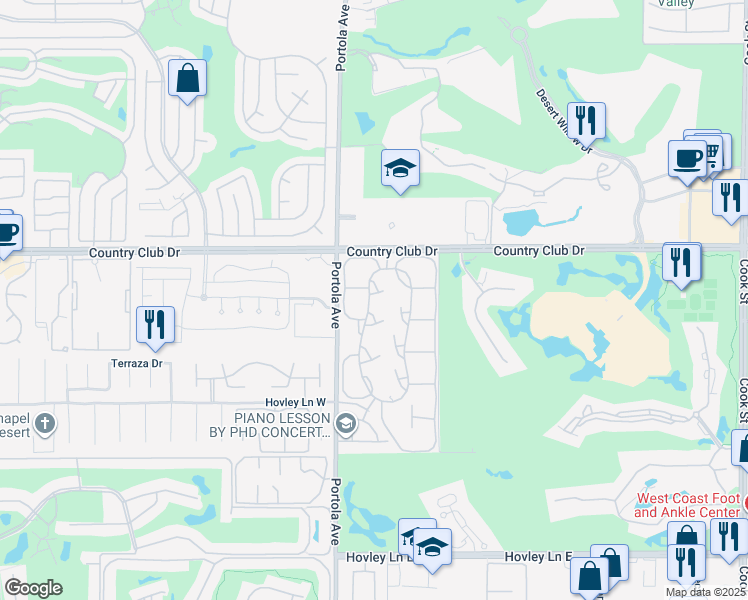 map of restaurants, bars, coffee shops, grocery stores, and more near 21 Las Cruces Lane in Palm Desert