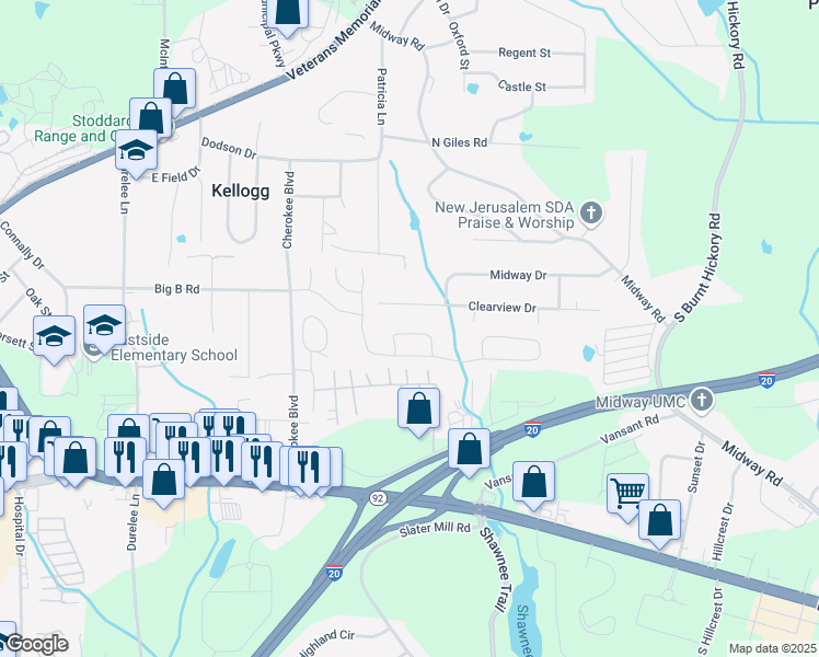 map of restaurants, bars, coffee shops, grocery stores, and more near 8419 Somerton Circle in Douglasville