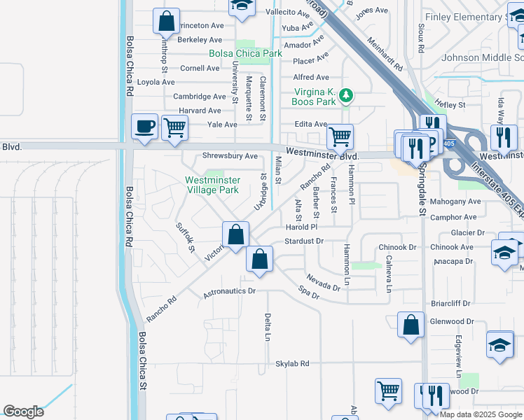 map of restaurants, bars, coffee shops, grocery stores, and more near 14222 Uxbridge Street in Westminster