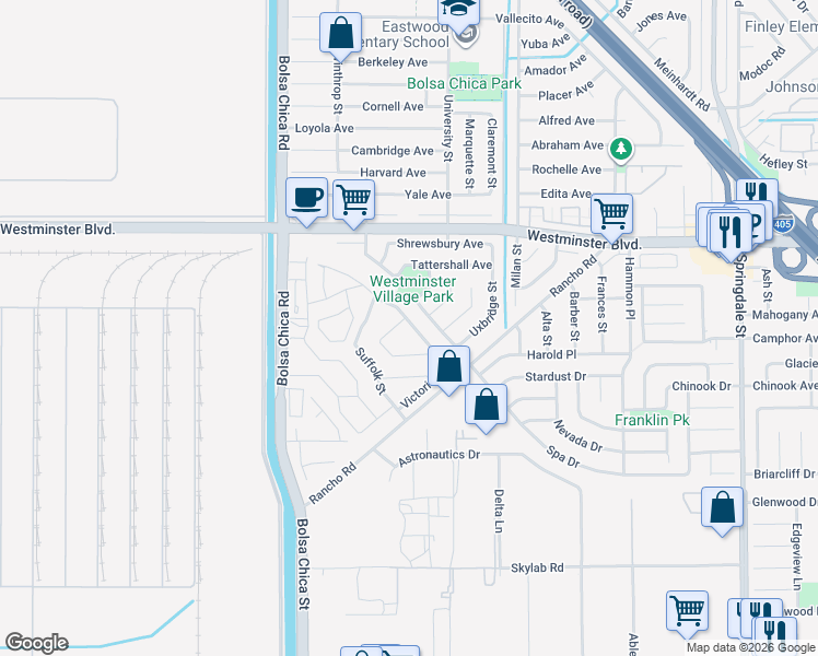 map of restaurants, bars, coffee shops, grocery stores, and more near 5262 Saint George Road in Westminster