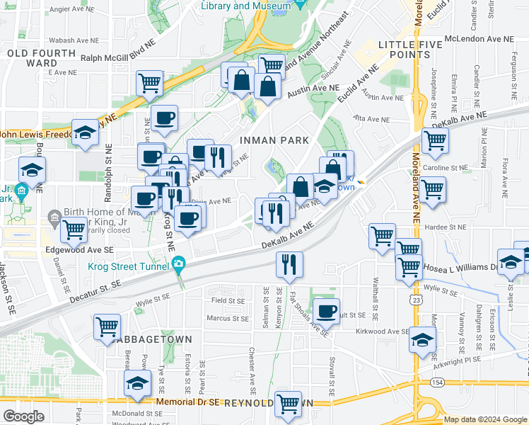 map of restaurants, bars, coffee shops, grocery stores, and more near 886 Edgewood Avenue Northeast in Atlanta