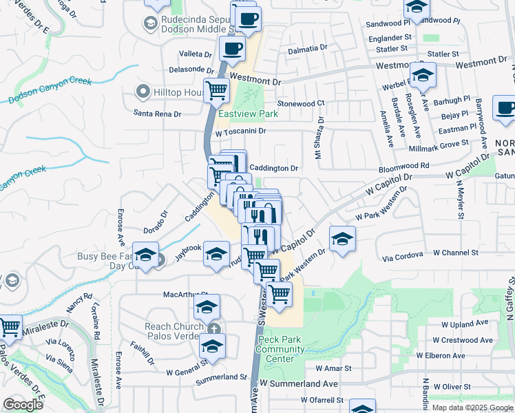 map of restaurants, bars, coffee shops, grocery stores, and more near 28926 South Western Avenue in Rancho Palos Verdes