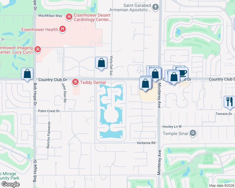 map of restaurants, bars, coffee shops, grocery stores, and more near 184 Desert Lakes Drive in Rancho Mirage