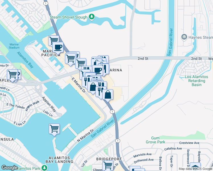 map of restaurants, bars, coffee shops, grocery stores, and more near 6601 East Pacific Coast Highway in Long Beach