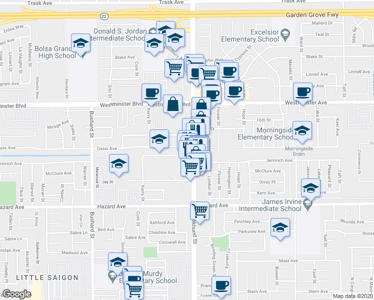 map of restaurants, bars, coffee shops, grocery stores, and more near 14221 Brookhurst Street in Garden Grove