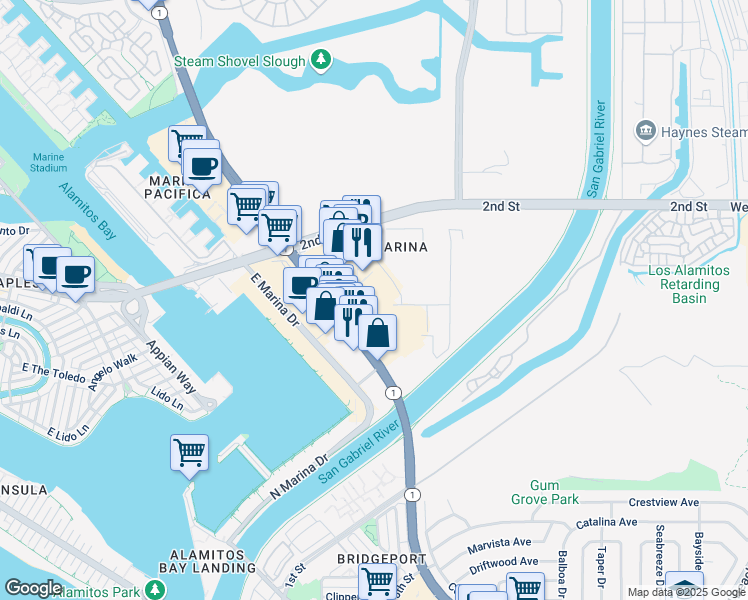 map of restaurants, bars, coffee shops, grocery stores, and more near 6601 East Pacific Coast Highway in Long Beach