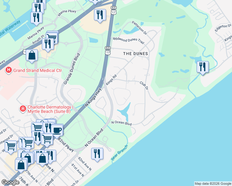 map of restaurants, bars, coffee shops, grocery stores, and more near 7 Chapin Circle in Myrtle Beach