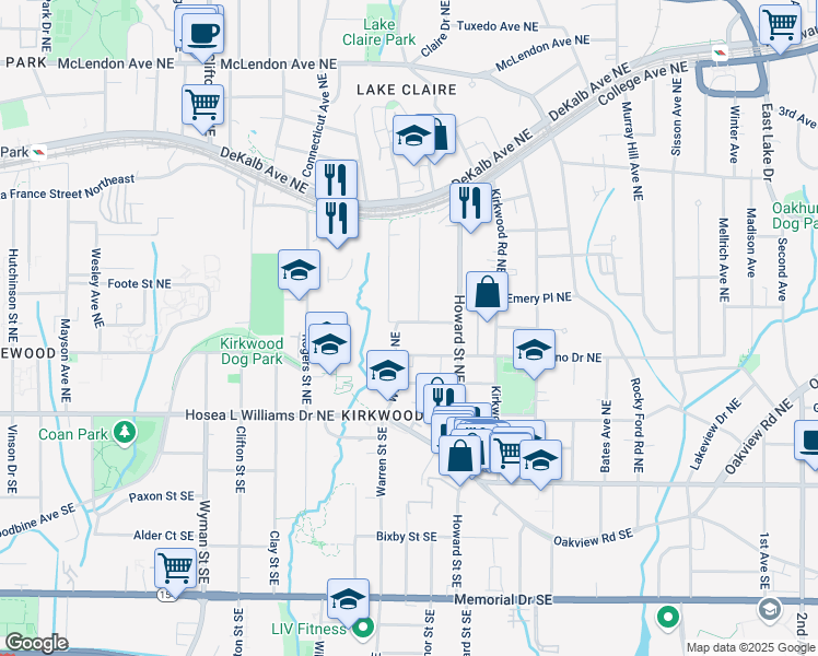 map of restaurants, bars, coffee shops, grocery stores, and more near 1909 Trotti Street Northeast in Atlanta