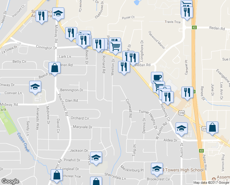 map of restaurants, bars, coffee shops, grocery stores, and more near 1284 Weston Drive in Decatur