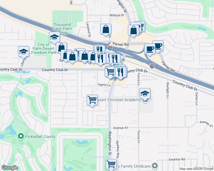 map of restaurants, bars, coffee shops, grocery stores, and more near 40255 Harris Lane in Palm Desert