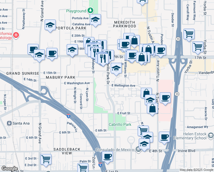 map of restaurants, bars, coffee shops, grocery stores, and more near 1259 Cabrillo Park Drive in Santa Ana