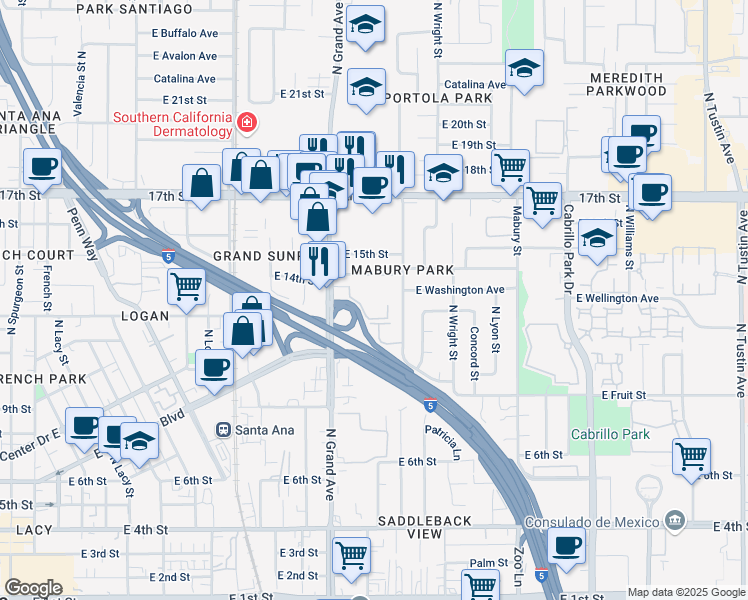 map of restaurants, bars, coffee shops, grocery stores, and more near 1311 East Washington Place in Santa Ana