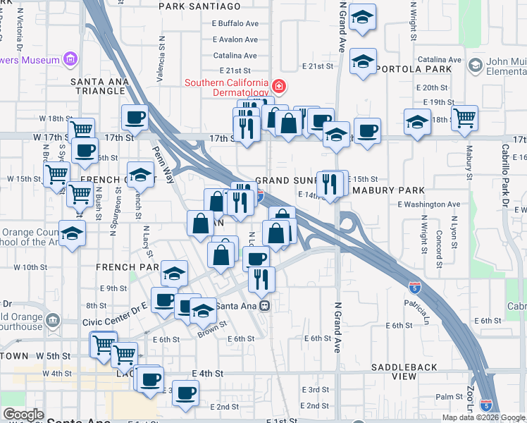 map of restaurants, bars, coffee shops, grocery stores, and more near 1310 Lincoln Avenue in Santa Ana