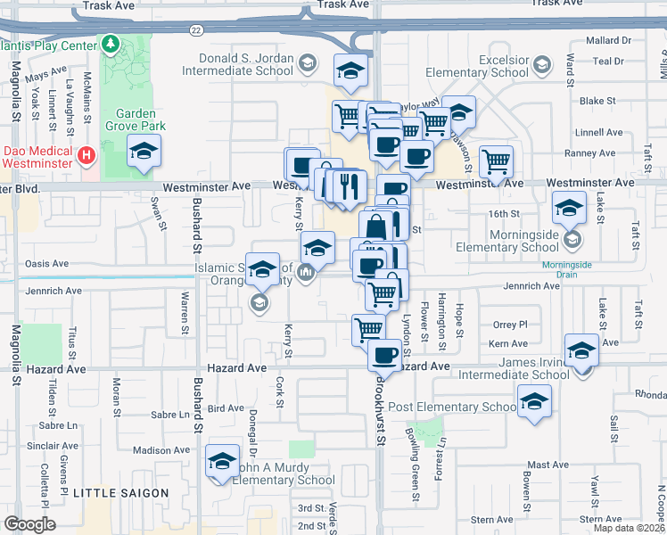 map of restaurants, bars, coffee shops, grocery stores, and more near 9862 Oasis Avenue in Garden Grove