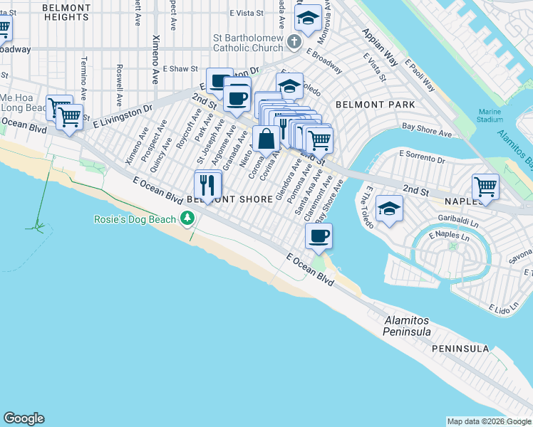 map of restaurants, bars, coffee shops, grocery stores, and more near 40 La Verne Avenue in Long Beach