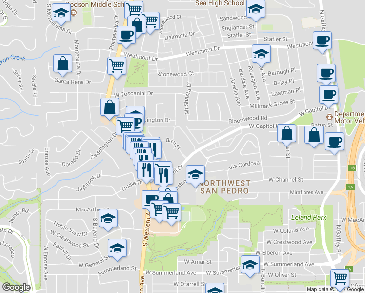 map of restaurants, bars, coffee shops, grocery stores, and more near 1405 Brett Place in Los Angeles