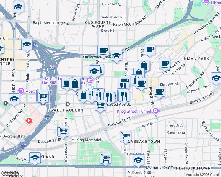map of restaurants, bars, coffee shops, grocery stores, and more near 68 Howell Street Northeast in Atlanta