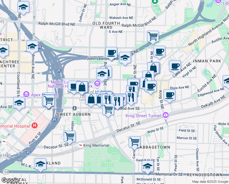 map of restaurants, bars, coffee shops, grocery stores, and more near 69 Hogue Street Northeast in Atlanta