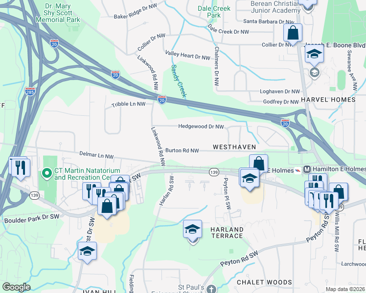 map of restaurants, bars, coffee shops, grocery stores, and more near in Atlanta