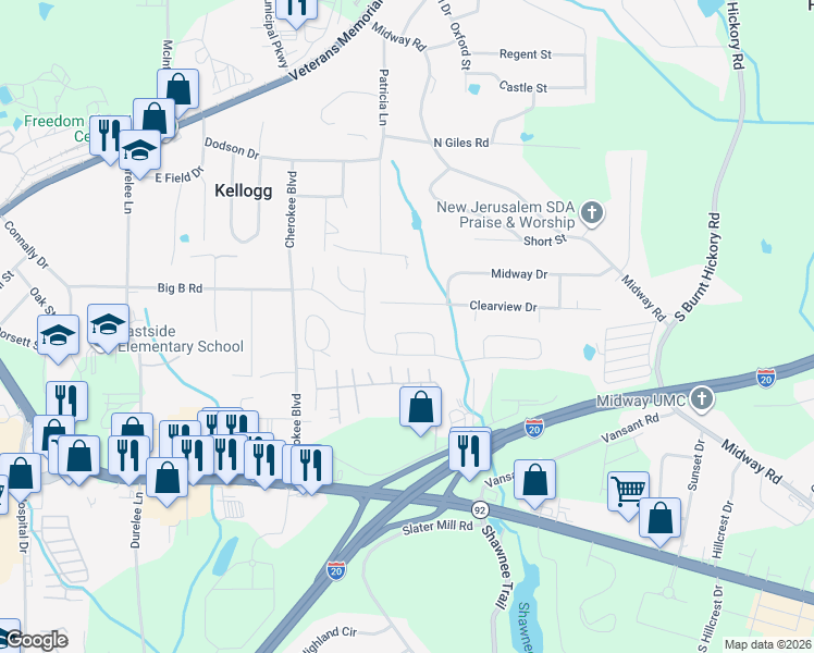 map of restaurants, bars, coffee shops, grocery stores, and more near 8415 Somerton Circle in Douglasville