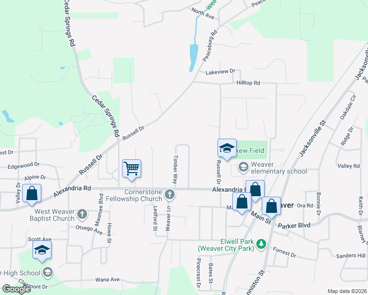 map of restaurants, bars, coffee shops, grocery stores, and more near 718 Timber Way in Weaver