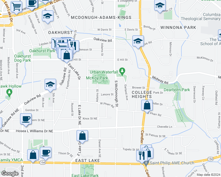 map of restaurants, bars, coffee shops, grocery stores, and more near 17 Oakhurst Common Drive in Decatur