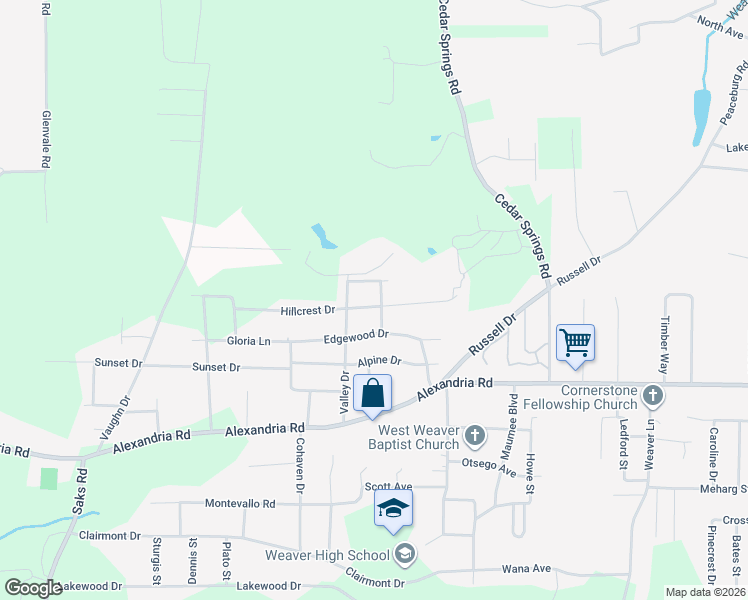 map of restaurants, bars, coffee shops, grocery stores, and more near 1117 Hillcrest Drive in Weaver