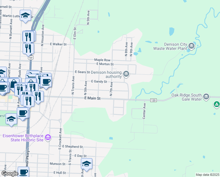 map of restaurants, bars, coffee shops, grocery stores, and more near 631 East Woodard Street in Denison