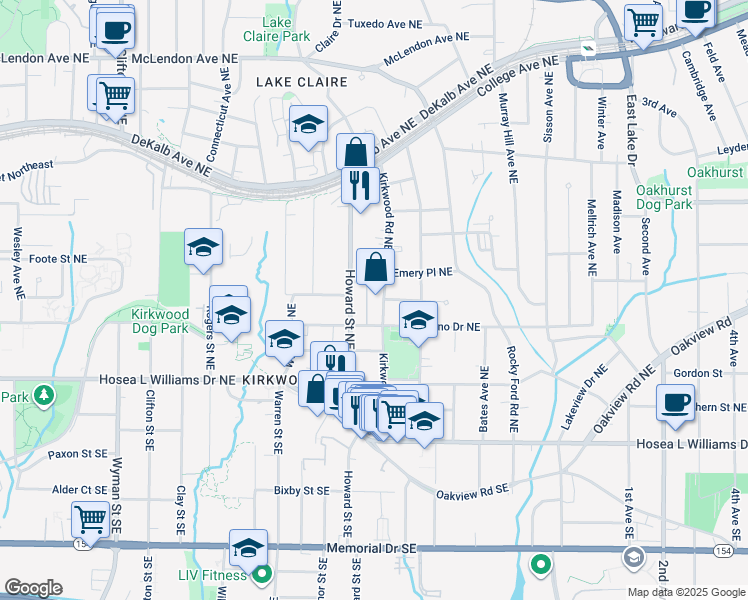 map of restaurants, bars, coffee shops, grocery stores, and more near 138 Kirkwood Road Northeast in Atlanta