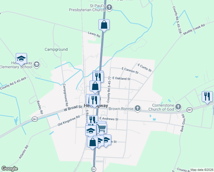 map of restaurants, bars, coffee shops, grocery stores, and more near 101-199 East Richardson Avenue in Hemingway