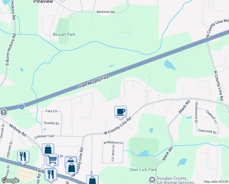map of restaurants, bars, coffee shops, grocery stores, and more near 1736 Quinn Berry Court in Douglasville