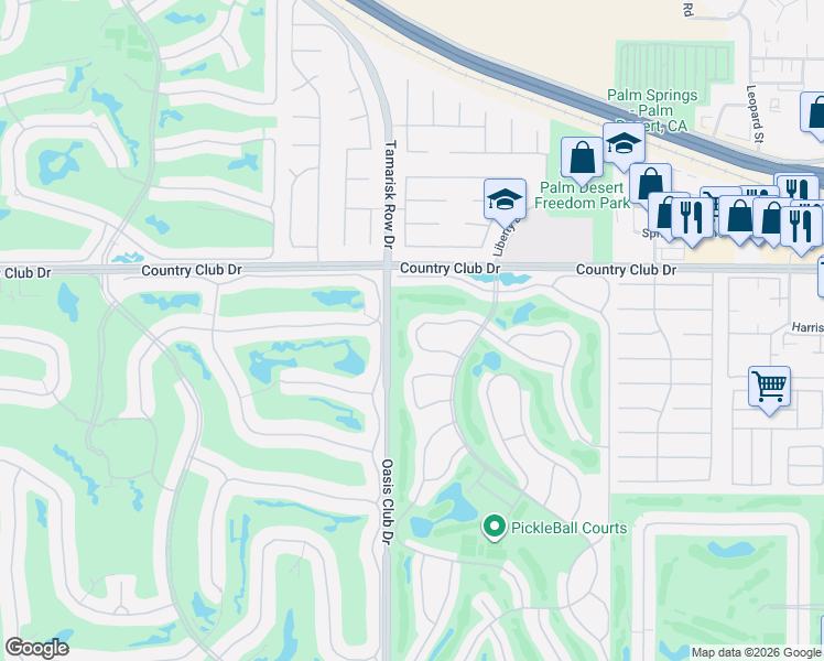 map of restaurants, bars, coffee shops, grocery stores, and more near 40209 Baltusrol Circle in Palm Desert
