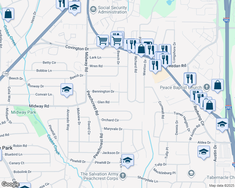 map of restaurants, bars, coffee shops, grocery stores, and more near 3479 Bennington Drive in Decatur