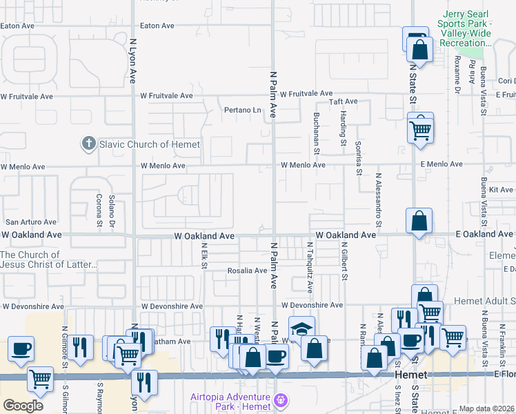 map of restaurants, bars, coffee shops, grocery stores, and more near 561 North Palm Avenue in Hemet
