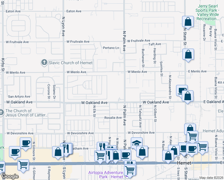 map of restaurants, bars, coffee shops, grocery stores, and more near 571 North Palm Avenue in Hemet