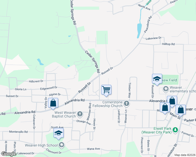 map of restaurants, bars, coffee shops, grocery stores, and more near 730 Cedar Springs Road in Weaver