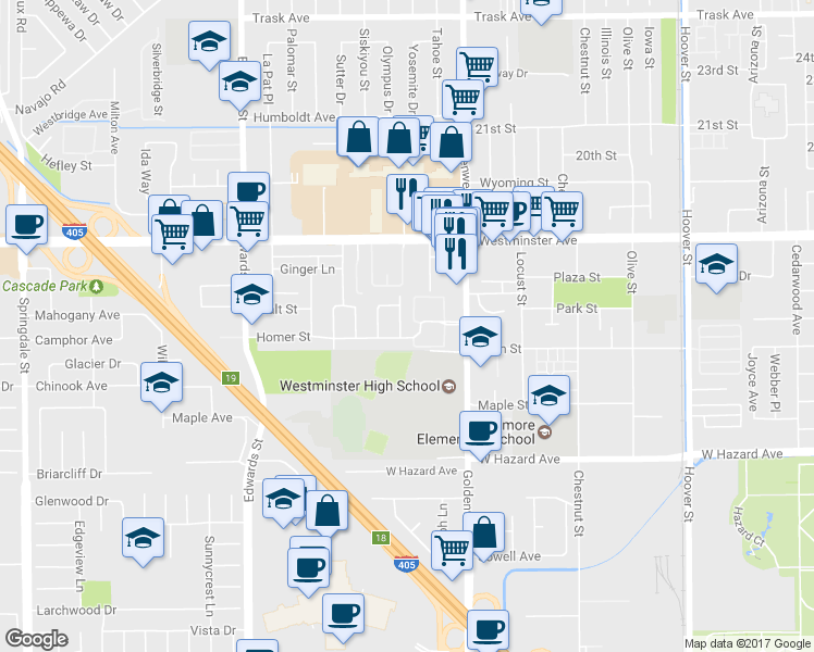 map of restaurants, bars, coffee shops, grocery stores, and more near 14182 Denise Drive in Westminster