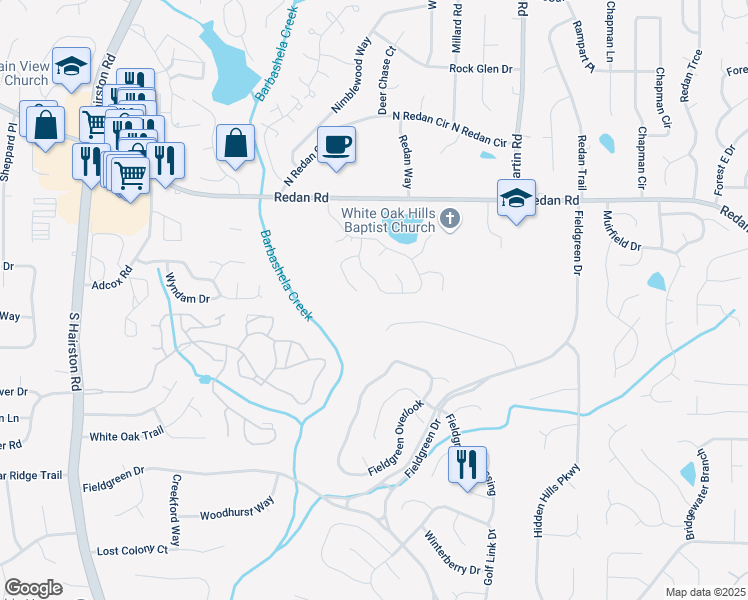 map of restaurants, bars, coffee shops, grocery stores, and more near 1356 Mill Lake Circle in Stone Mountain