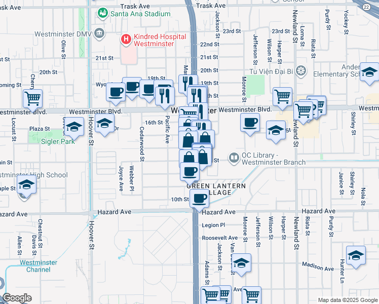 map of restaurants, bars, coffee shops, grocery stores, and more near 14207 Beach Boulevard in Westminster