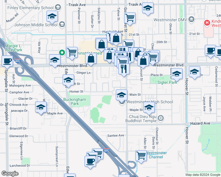 map of restaurants, bars, coffee shops, grocery stores, and more near 14182 Denise Drive in Westminster