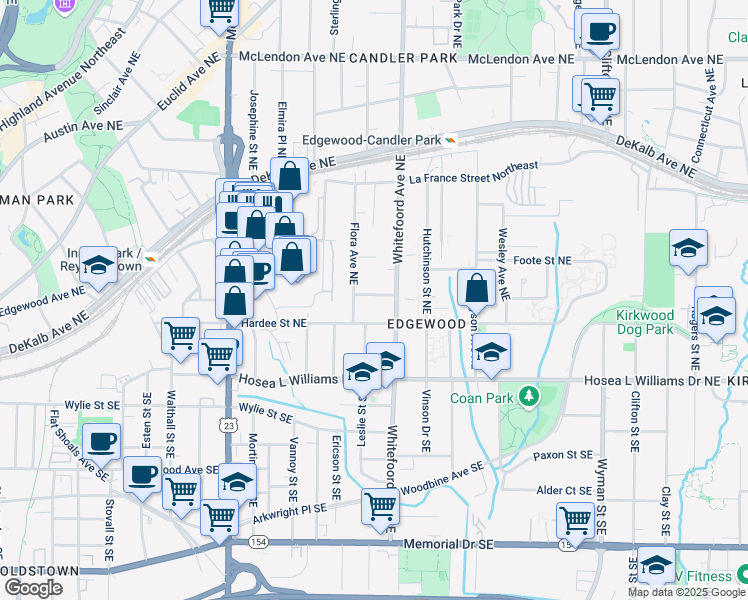 map of restaurants, bars, coffee shops, grocery stores, and more near 1359 Finley Street Northeast in Atlanta