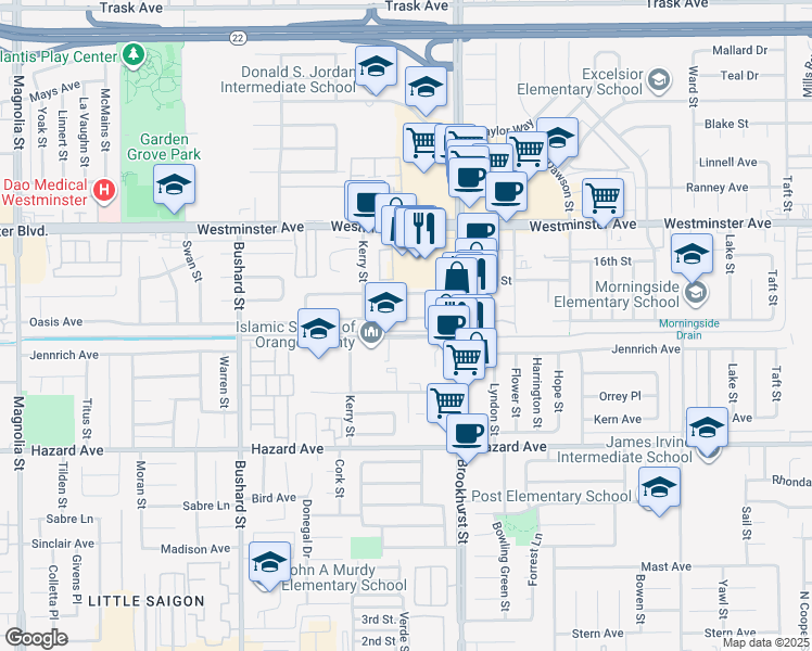 map of restaurants, bars, coffee shops, grocery stores, and more near 9862 Oasis Avenue in Garden Grove