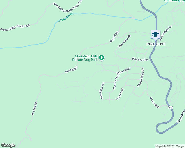 map of restaurants, bars, coffee shops, grocery stores, and more near 52300 Sylvan Way in Idyllwild-Pine Cove