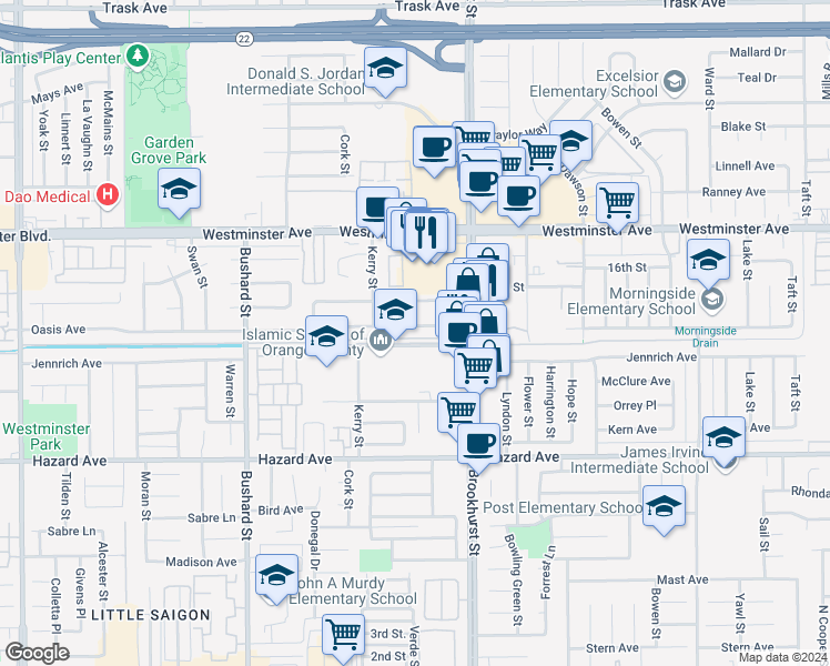 map of restaurants, bars, coffee shops, grocery stores, and more near 9862 Oasis Avenue in Garden Grove